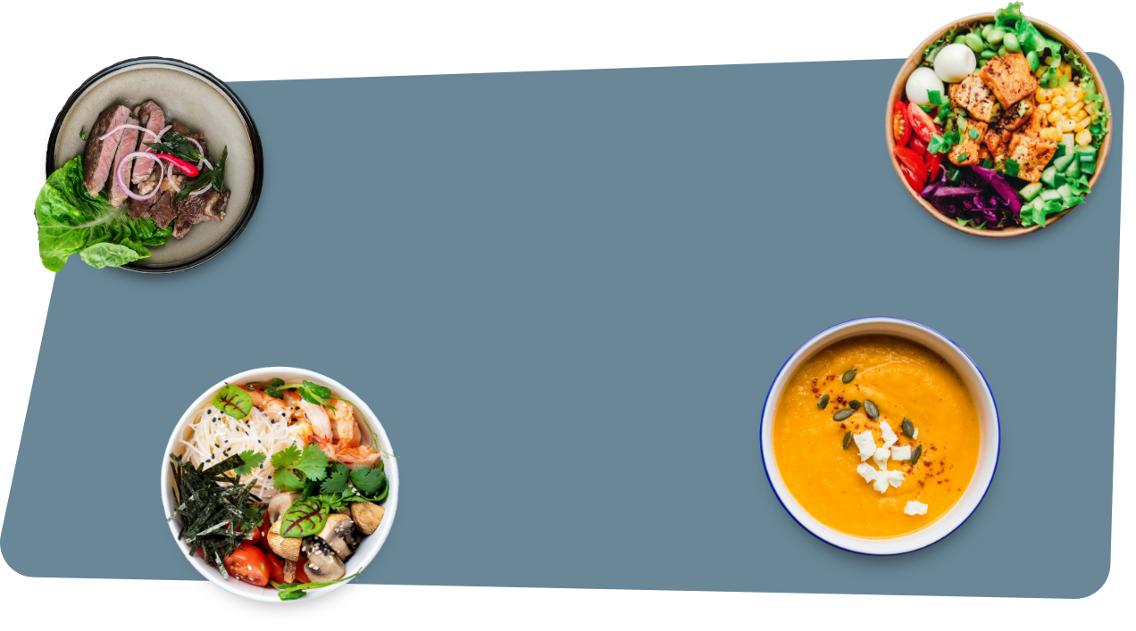 Several dishes over a gray background